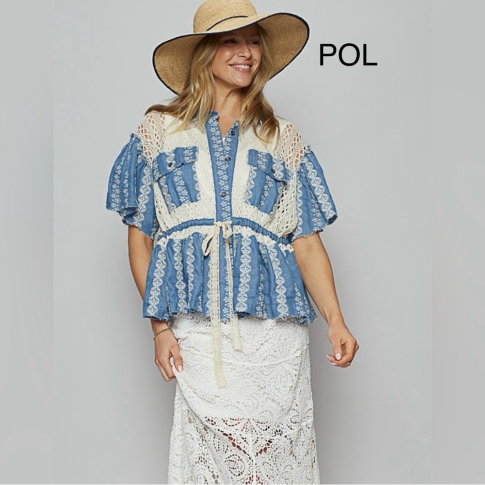 NEW - POL Blue and White Crochet Lace Peplum Top with Embroidery